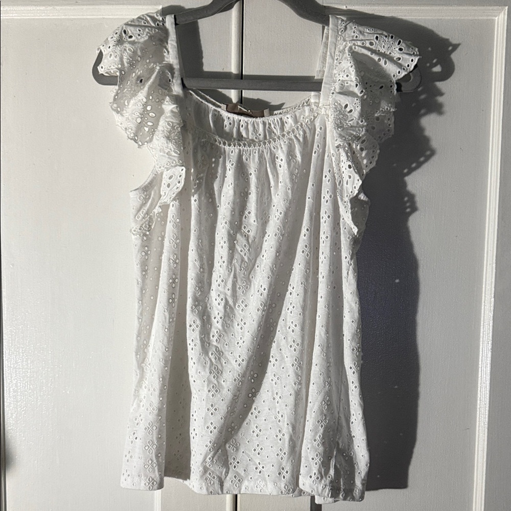 LOFT White Eyelet Blouse with Ruffle Sleeves